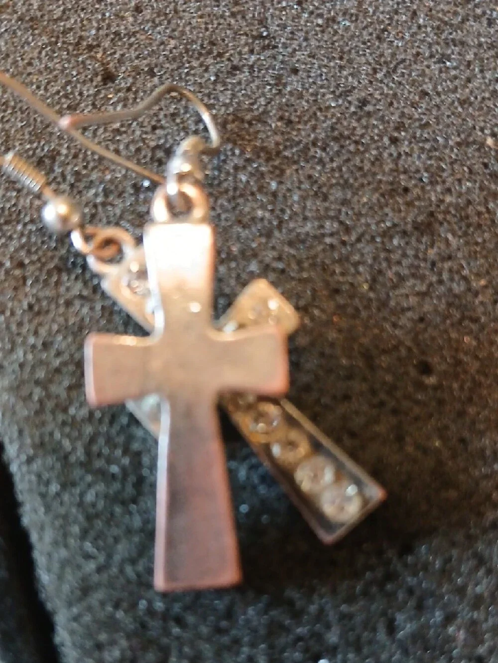 Silver Tone with 13 small diamonds in each. Cross Dangle Earrings - Silver